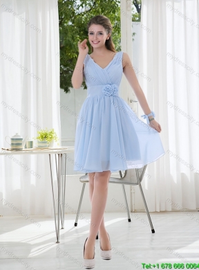 2015 Summer V Neck Chiffon Perfect Dama Dress with Ruching and Hand Made Flowers