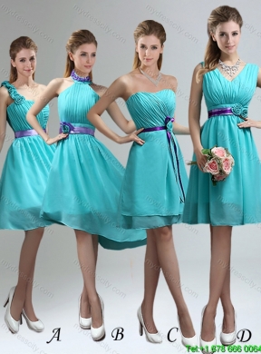 Elegant 2015 Summer One Shoulder Ruches Teal Dama Dresses with Belt