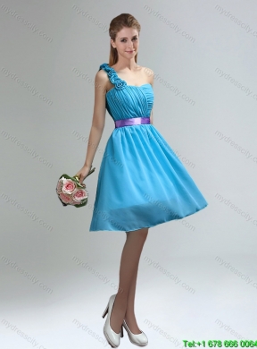 Elegant 2015 Summer One Shoulder Ruches Teal Dama Dresses with Belt