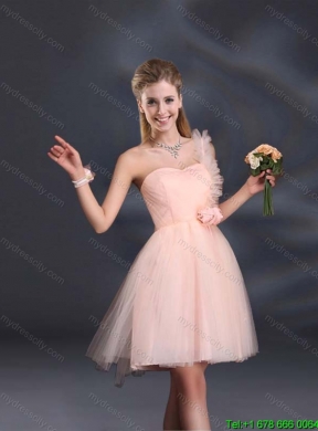 2015 Fall One Shoulder A Line Tulle Elegant Dama Dresses with Hand Made Flowers