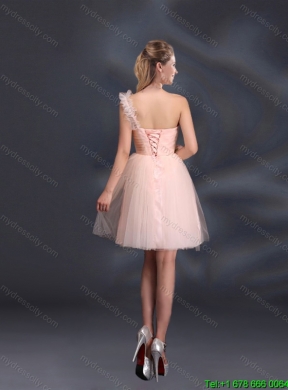 2015 Fall One Shoulder A Line Tulle Elegant Dama Dresses with Hand Made Flowers