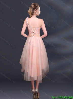 2015 New Style Bowknot High Low Lace Up Dama Dress with One Shoulder