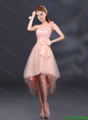 2015 New Style Bowknot High Low Lace Up Dama Dress with One Shoulder