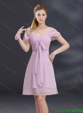 2015 Summer A Line Square Ruhing Luxurious Dama Dress with Cap Sleeves