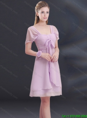 2015 Summer A Line Square Ruhing Luxurious Dama Dress with Cap Sleeves