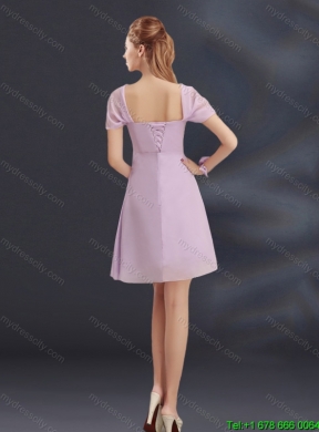 2015 Summer A Line Square Ruhing Luxurious Dama Dress with Cap Sleeves