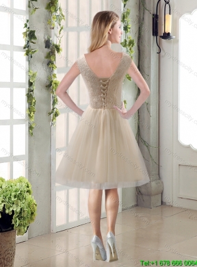 2015 Summer Beautiful Champagne Bowknot Princess Dama Dresses with V Neck