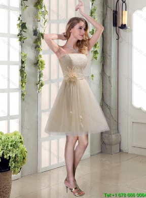 2015 Summer Handmade Flower Strapless Lace Pretty Dama Dress with Mini Length