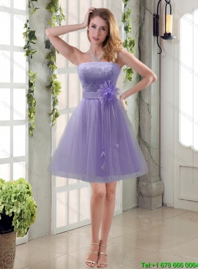 2015 Summer Handmade Flower Strapless Lace Pretty Dama Dress with Mini Length