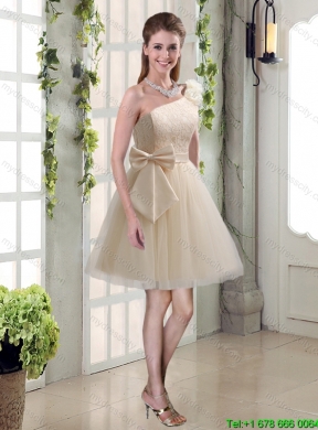 2015 Summer New Style Princess One Shoulder Bowknot Lace Dama Dresses in Champagne