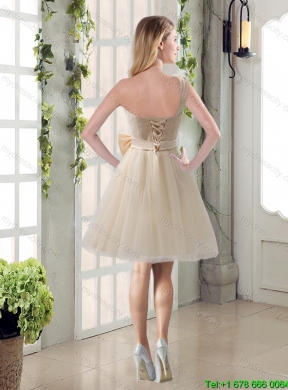 2015 Summer New Style Princess One Shoulder Bowknot Lace Dama Dresses in Champagne