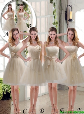 2015 Summer New Style Princess One Shoulder Bowknot Lace Dama Dresses in Champagne