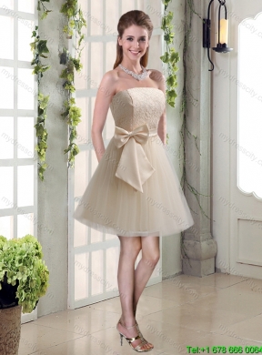 Beautiful Champagne Strapless Princess Bowknot Dama Dresses for 2015 Summer