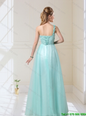 Top Seller 2015 Summer One Shoulder Floor Length Dama Dresses with Appliques