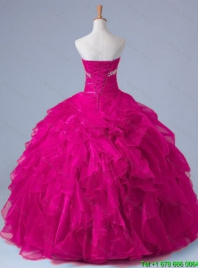 2015 Popular Strapless Beaded Quinceanera Gowns in Fuchsia