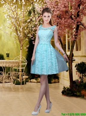 2016 Elegant A Line Laced Bridesmaid Dresses with Belt in Aqua Blue