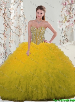 2016 Spring Detachable Sweetheart Yellow Quinceanera Dresses with Beading and Ruffles