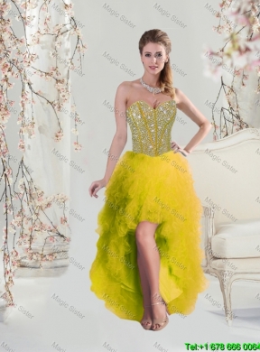 2016 Spring Detachable Sweetheart Yellow Quinceanera Dresses with Beading and Ruffles