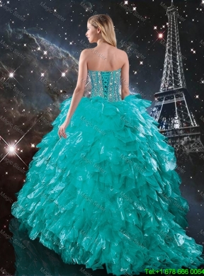 2016 Summer Popular Brush Train Turquoise Quinceanera Dresses with Beading and Ruffles