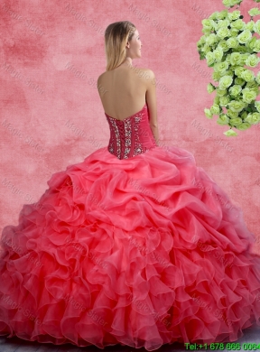 2016 Popular Beaded and Ruffles Quinceanera Gowns in Coral Red