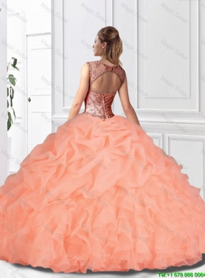 Perfect Beaded and Ruffles Watermelon Quinceanera Gowns with Bateau