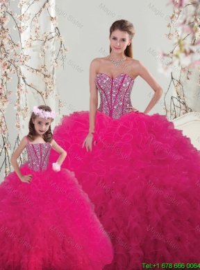 2015 Fall Classical Ball Gown Beaded and Ruffles Matching Sister  Dresses in Hot Pink