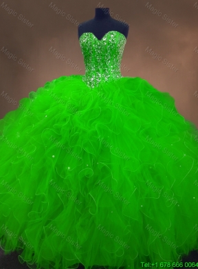 Perfect Beaded Spring Green Sweet 16 Gowns with Ruffles