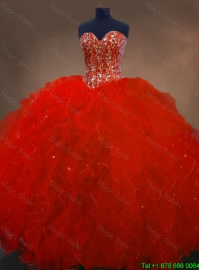 Pretty Red Sweetheart Quinceanera Gowns with Ruffles and Beading