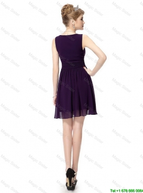 Beautiful V Neck Dark Purple Prom Dresses with Ruching