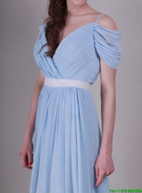 Exclusive Spaghetti Straps Light Blue Prom Dresses with Ruching and Belt