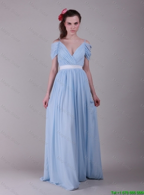 Exclusive Spaghetti Straps Light Blue Prom Dresses with Ruching and Belt