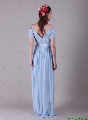 Exclusive Spaghetti Straps Light Blue Prom Dresses with Ruching and Belt