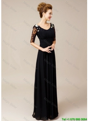 Gorgeous Half Sleeves Laced Black Prom Dresses with V Neck