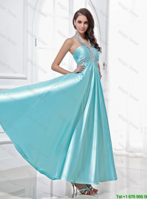 Gorgeous Halter Top Beading Ankle Length Aqua Blue Prom Dresses