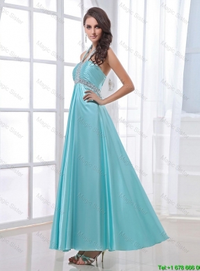 Gorgeous Halter Top Beading Ankle Length Aqua Blue Prom Dresses