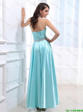 Gorgeous Halter Top Beading Ankle Length Aqua Blue Prom Dresses