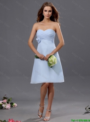 Gorgeous Ruching and Hand Made Flower Short Prom Dress in Light Blue