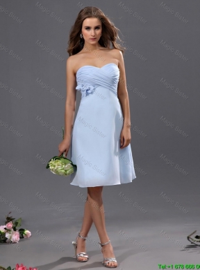 Gorgeous Ruching and Hand Made Flower Short Prom Dress in Light Blue