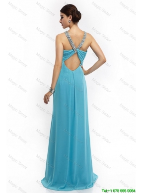 2016 Classical Brush Train Straps Beaded Prom Dresses in Aqua Blue