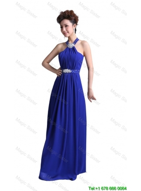 2016 Luxurious Empire Halter Top Prom Dresses with Beading in Royal Blue