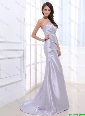 Beautiful Column Elastic Woven Satin Prom Dresses with Beading