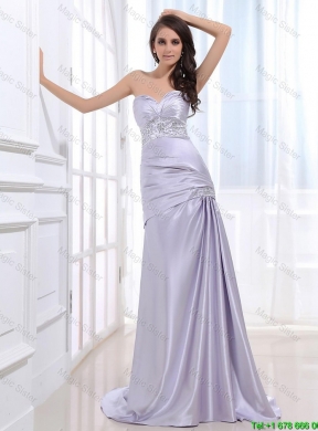 Beautiful Column Elastic Woven Satin Prom Dresses with Beading