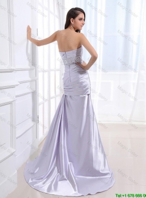 Beautiful Column Elastic Woven Satin Prom Dresses with Beading