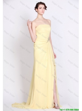 Beautiful Strapless Beaded and High Slit Prom Dresses in Yellow