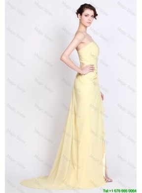 Beautiful Strapless Beaded and High Slit Prom Dresses in Yellow