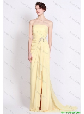 Beautiful Strapless Beaded and High Slit Prom Dresses in Yellow