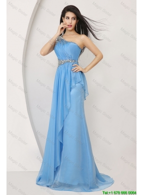 Discount Beaded Baby Blue Prom Dresses with One Shoulder