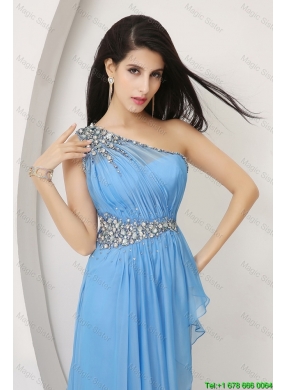 Discount Beaded Baby Blue Prom Dresses with One Shoulder