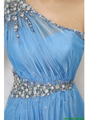 Discount Beaded Baby Blue Prom Dresses with One Shoulder