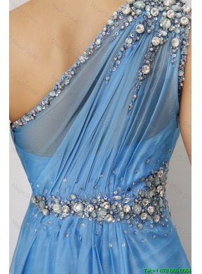 Discount Beaded Baby Blue Prom Dresses with One Shoulder